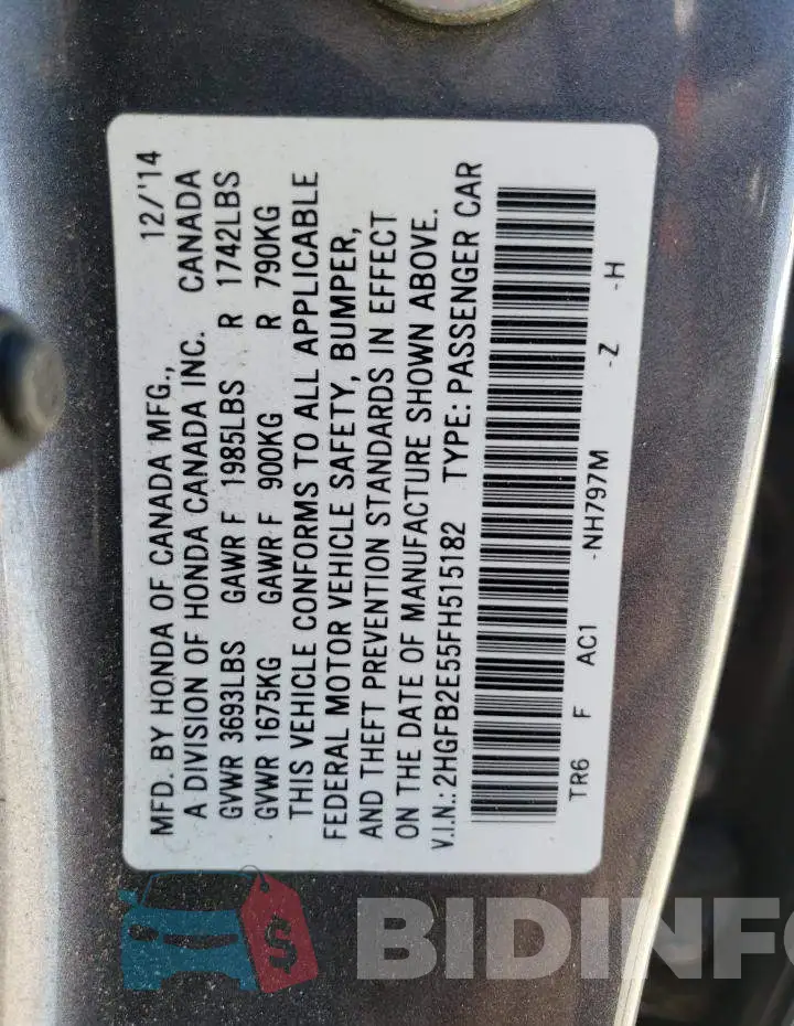2HGFB2E55FH515182 Photo# 12