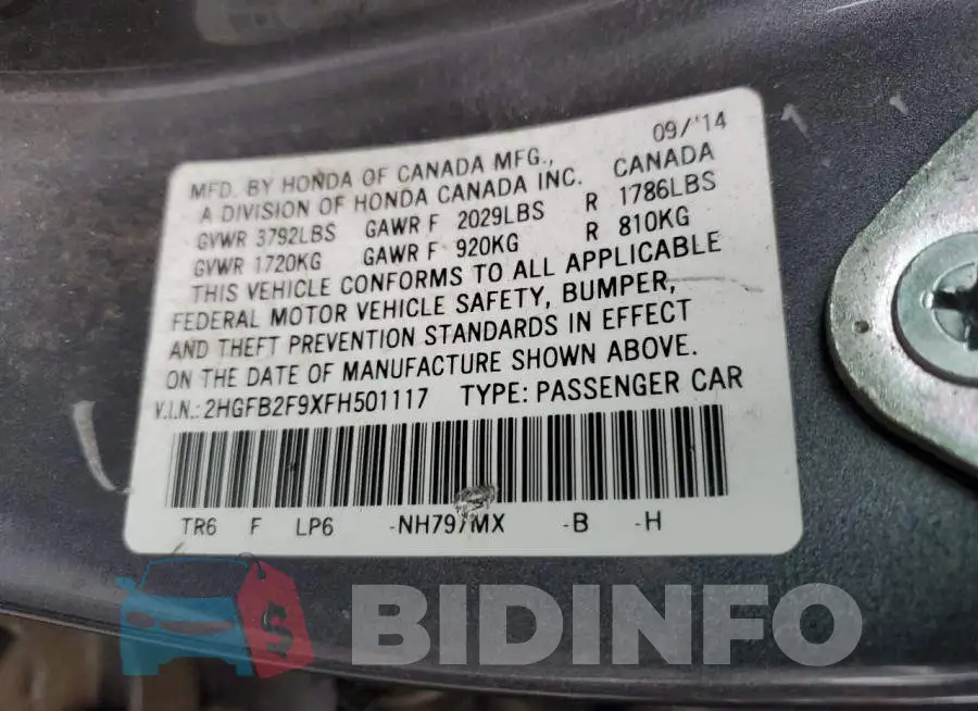 2HGFB2F9XFH501117 Photo# 13