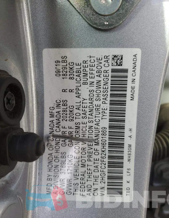 2HGFC2F62KH601869 Photo# 12