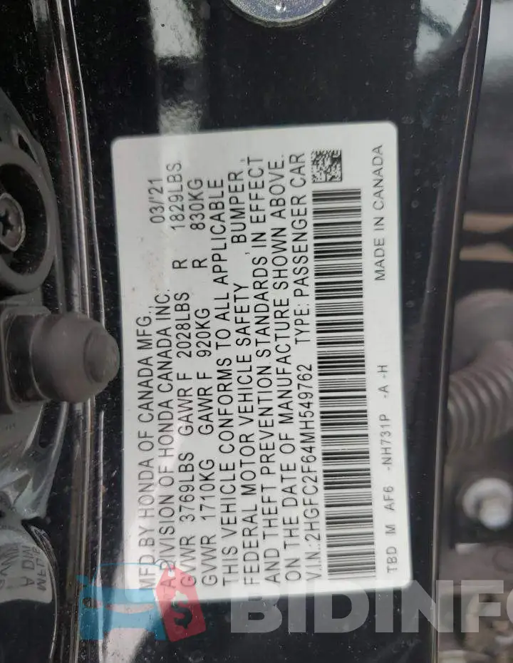 2HGFC2F64MH549762 Photo# 13