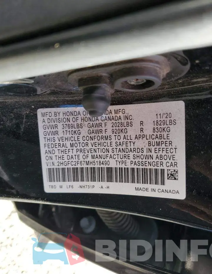 2HGFC2F67MH518490 Photo# 12