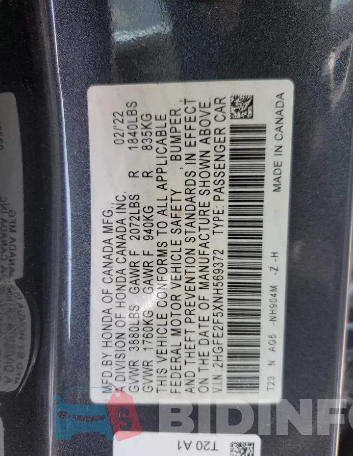2HGFE2F5XNH569372 Photo# 12