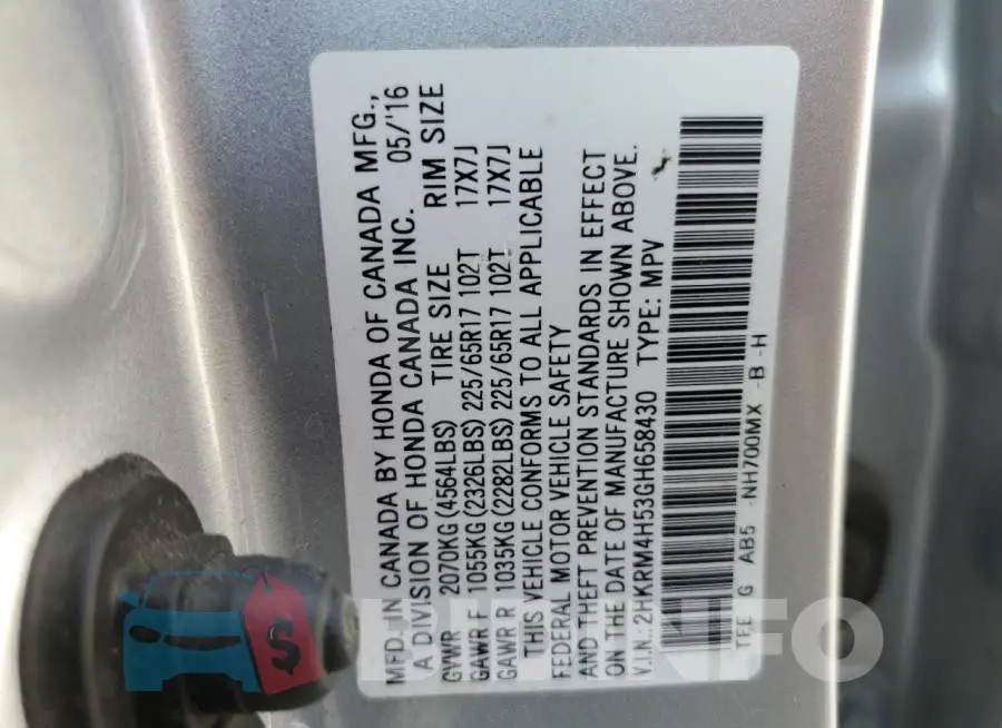 2HKRM4H53GH658430 Photo# 12
