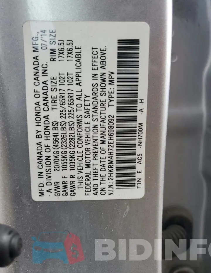 2HKRM4H72EH698092 Photo# 12