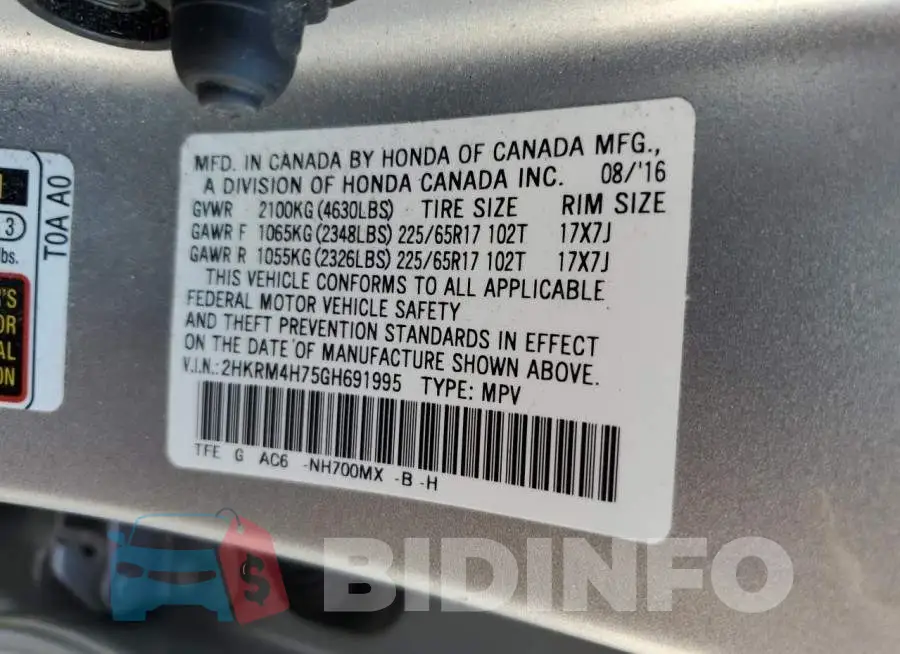 2HKRM4H75GH691995 Photo# 12