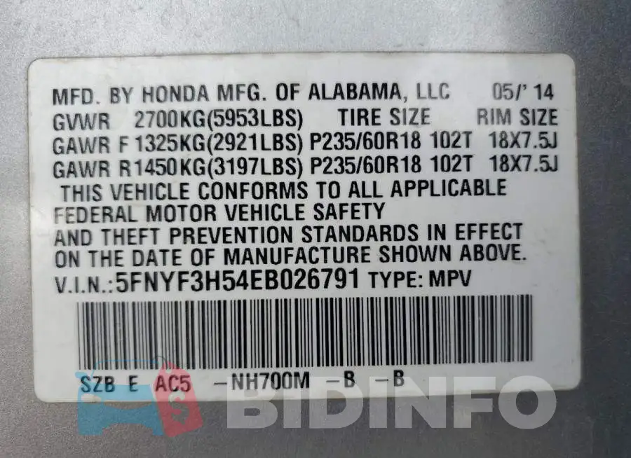5FNYF3H54EB026791 Photo# 14