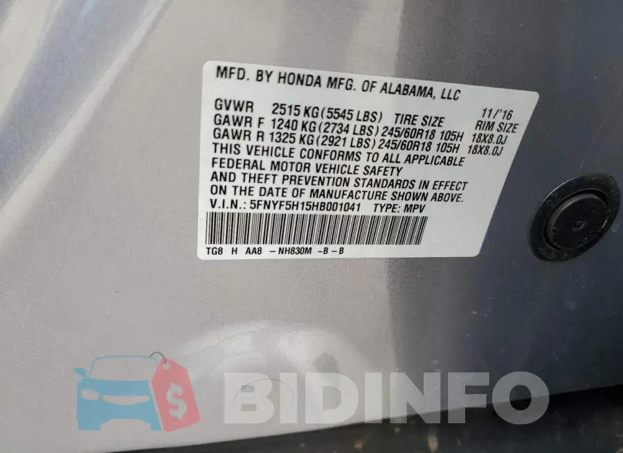 5FNYF5H15HB001041 Photo# 13