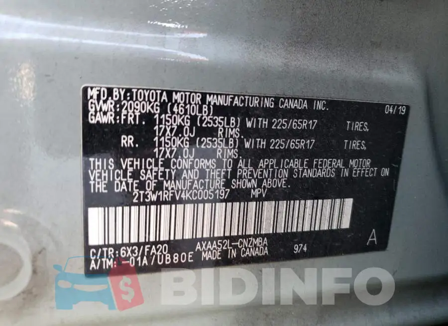 2T3W1RFV4KC005197 Photo# 12