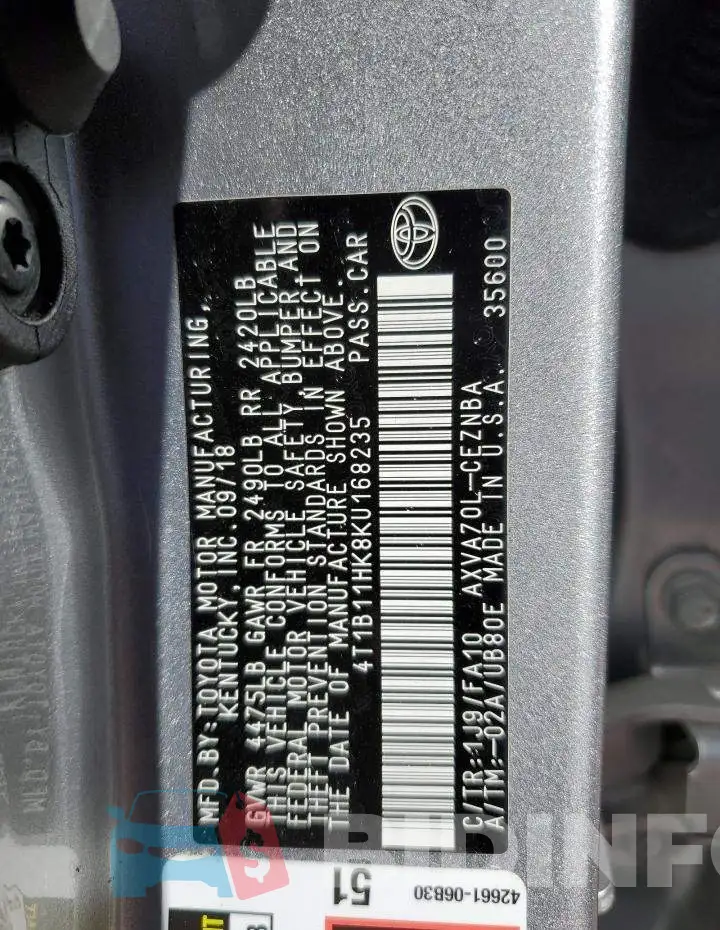 4T1B11HK8KU168235 Photo# 12