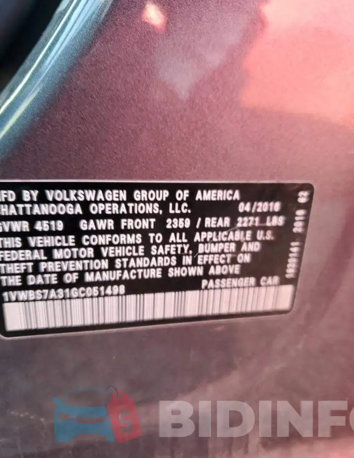 1VWBS7A31GC051498 Photo# 12