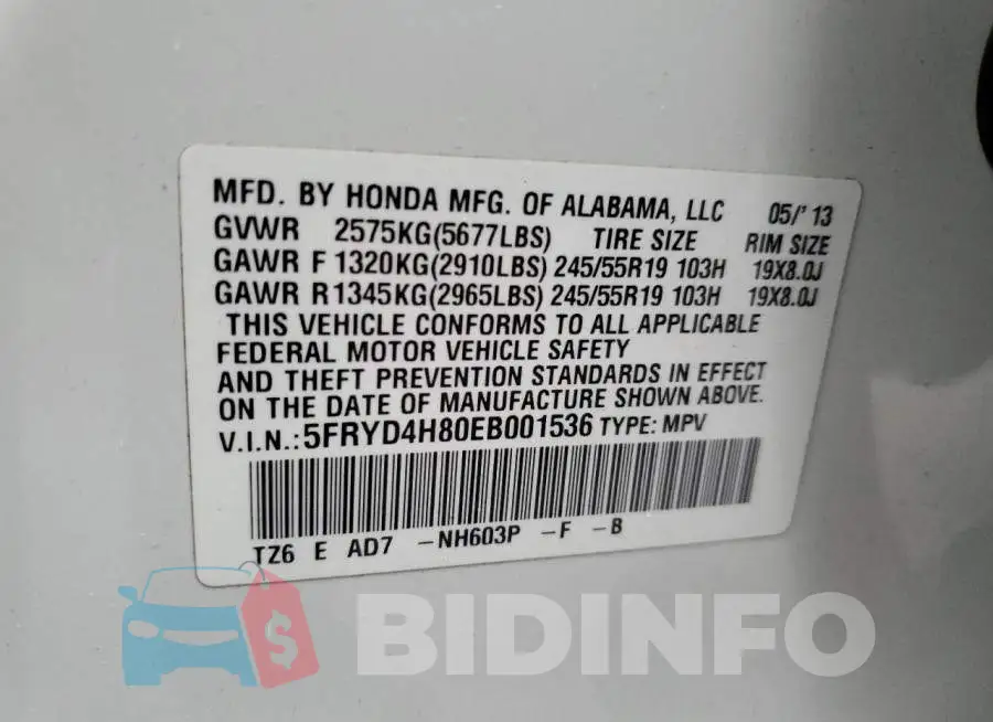 5FRYD4H80EB001536 Photo# 13