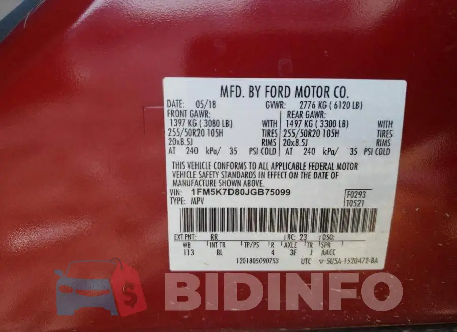 1FM5K7D80JGB75099 Photo# 14