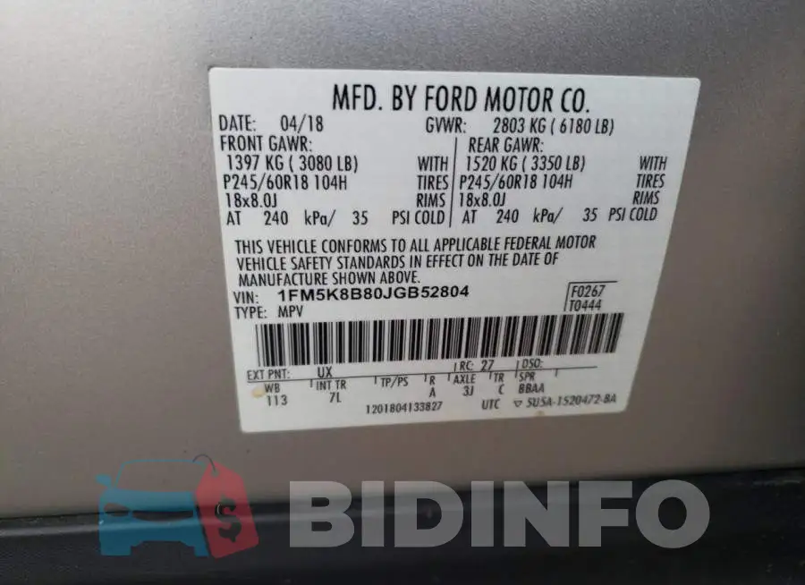 1FM5K8B80JGB52804 Photo# 13