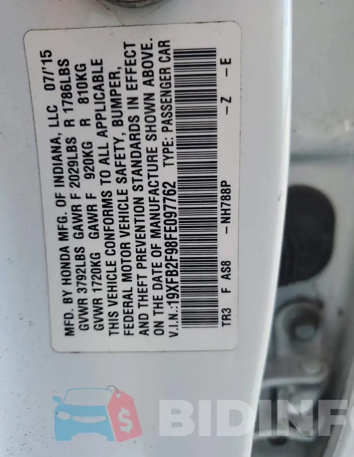 19XFB2F98FE097762 Photo# 12