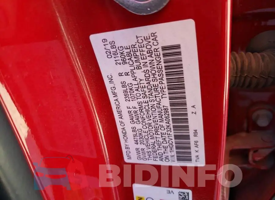1HGCV1F32KA062987 Photo# 12