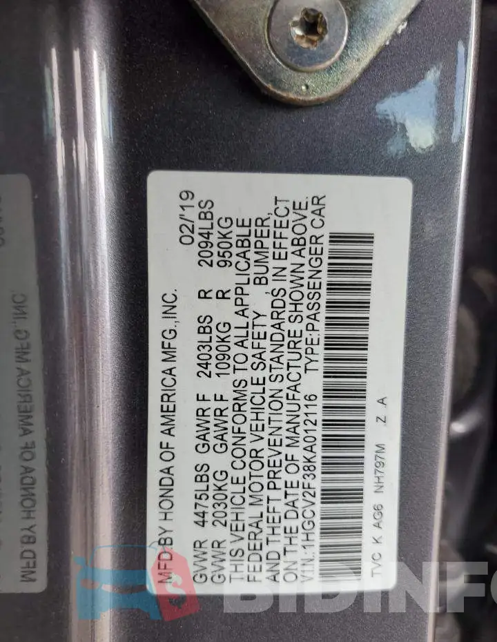 1HGCV2F38KA012116 Photo# 12