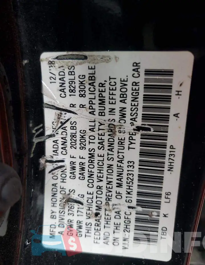 2HGFC2F61KH523133 Photo# 12