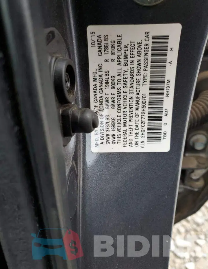 2HGFC2F77GH500701 Photo# 13