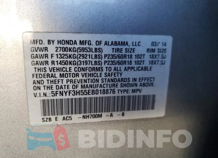 5FNYF3H55EB018876 Photo# 13