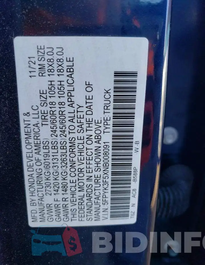 5FPYK3F5XNB008091 Photo# 12