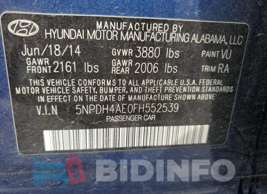 5NPDH4AE0FH552539 Photo# 12