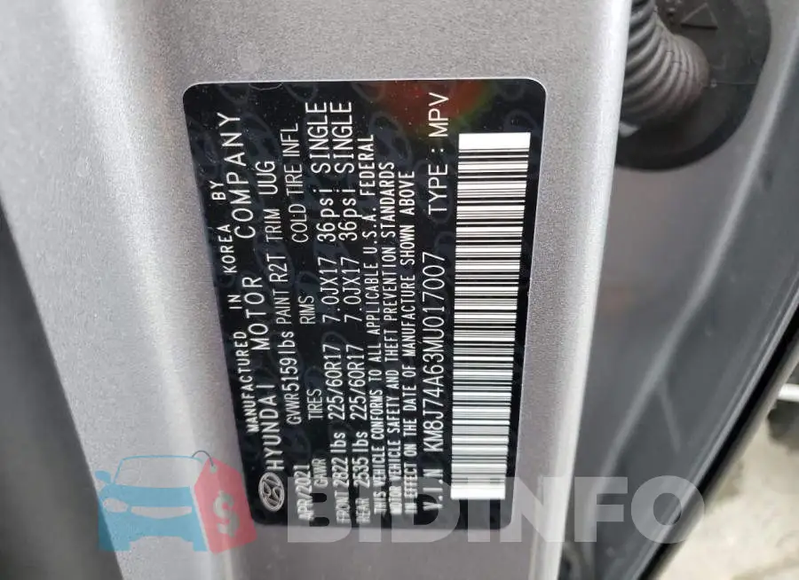 KM8J74A63MU017007 Photo# 13