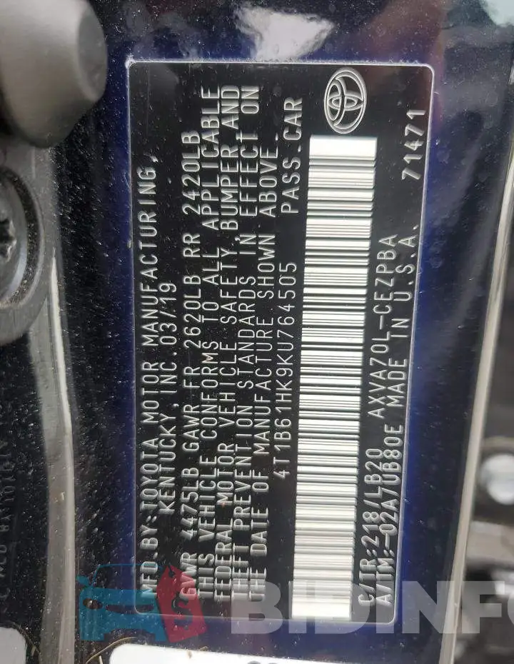 4T1B61HK9KU764505 Photo# 12