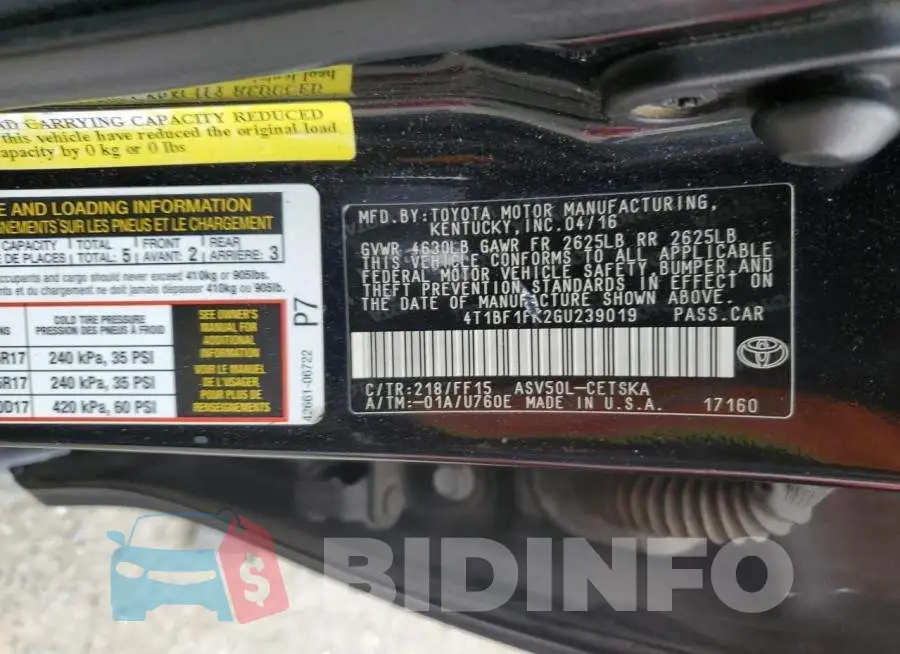 4T1BF1FK2GU239019 Photo# 12