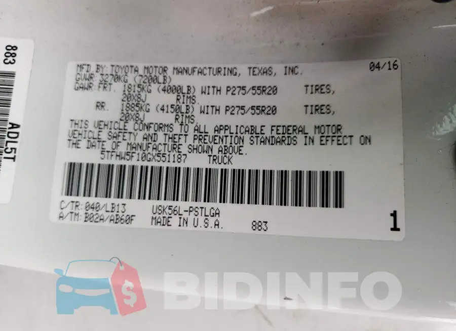 5TFHW5F10GX551187 Photo# 12