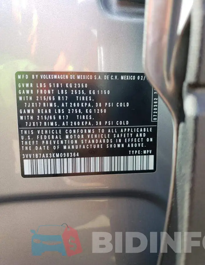 3VV1B7AX3KM098364 Photo# 13