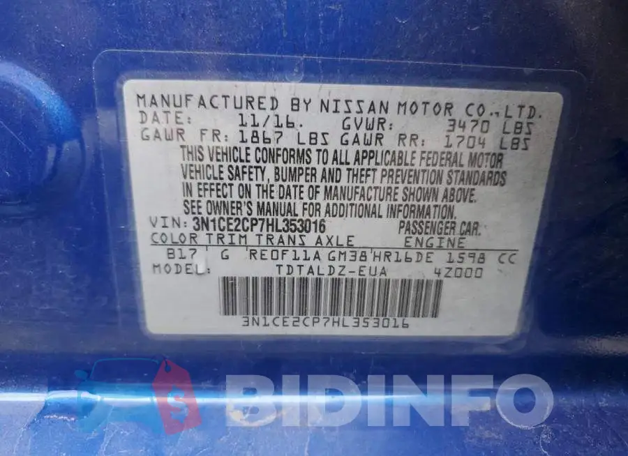 3N1CE2CP7HL353016 Photo# 13