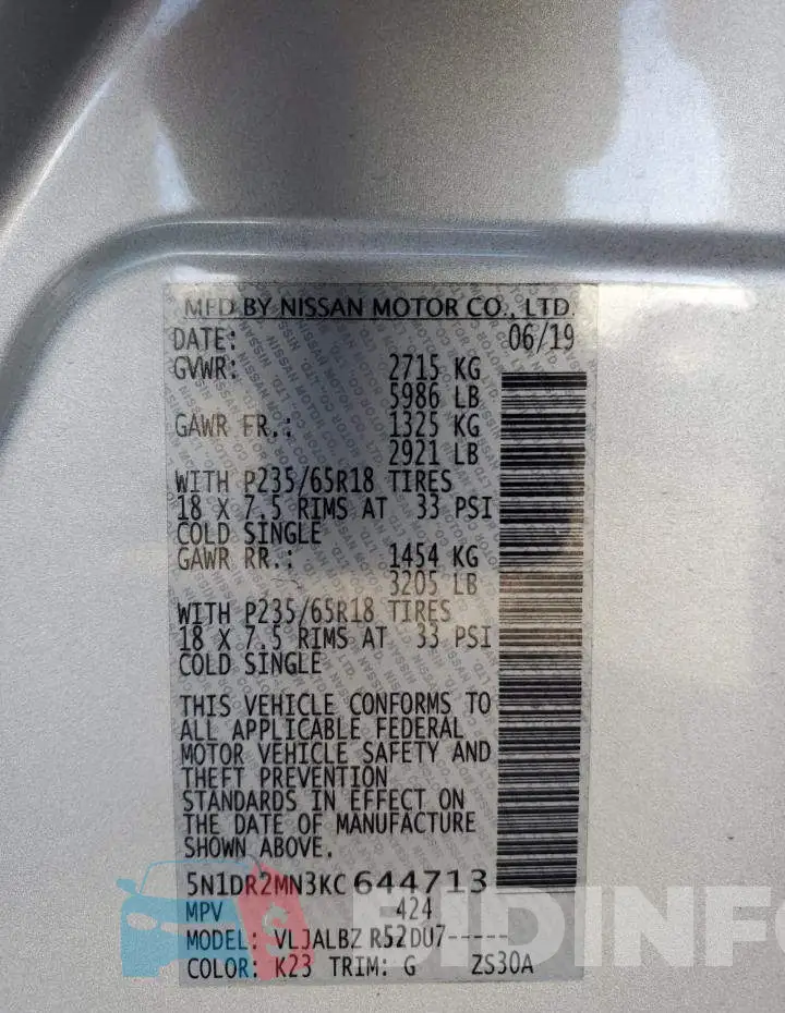 5N1DR2MN3KC644713 Photo# 13