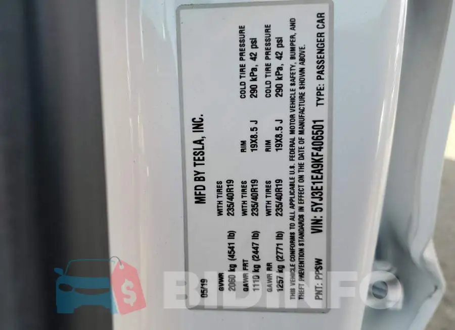 5YJ3E1EA9KF406501 Photo# 12