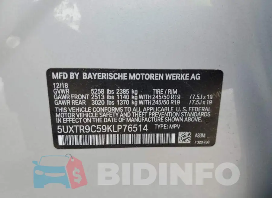 5UXTR9C59KLP76514 Photo# 14