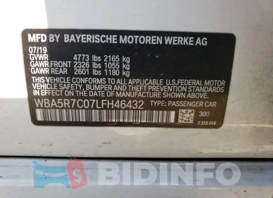 WBA5R7C07LFH46432 Photo# 12