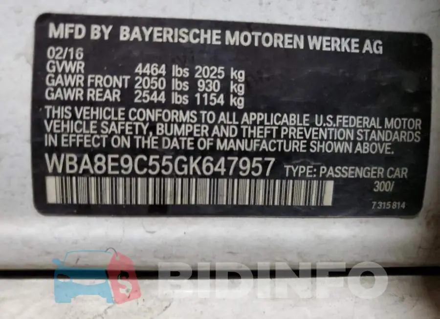 WBA8E9C55GK647957 Photo# 12