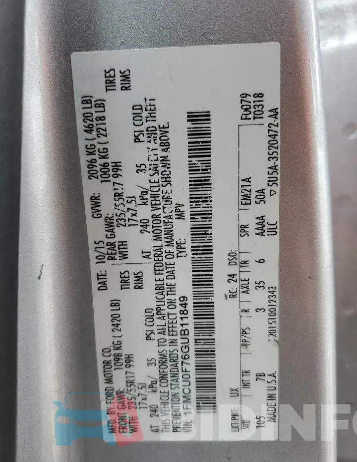 1FMCU0F76GUB11849 Photo# 14