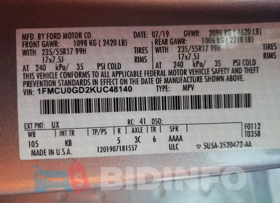 1FMCU0GD2KUC48140 Photo# 13