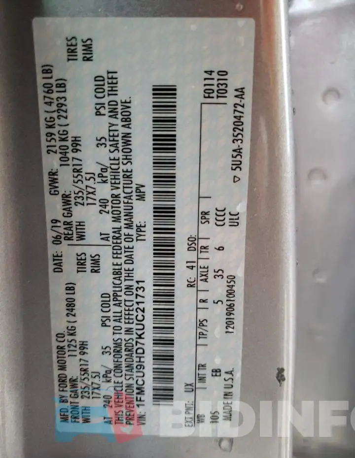1FMCU9HD7KUC21731 Photo# 12