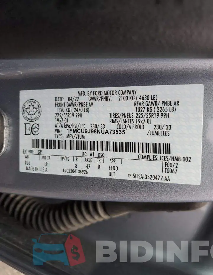 1FMCU9J98NUA73535 Photo# 13