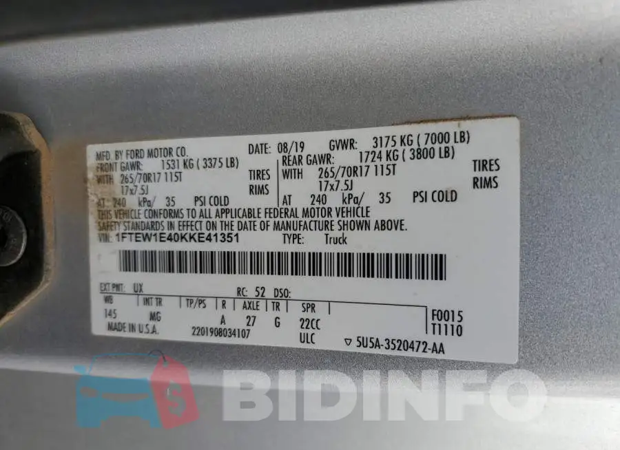 1FTEW1E40KKE41351 Photo# 12