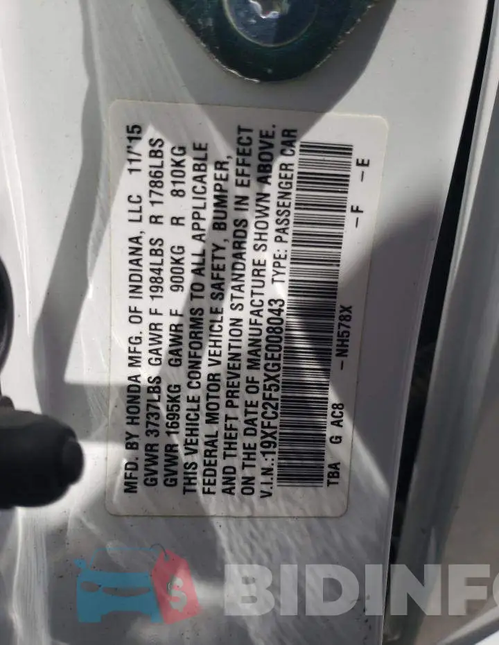 19XFC2F5XGE008043 Photo# 12