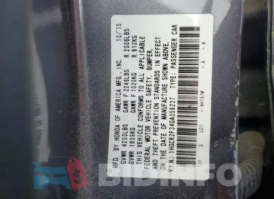 1HGCR2F34GA056237 Photo# 12