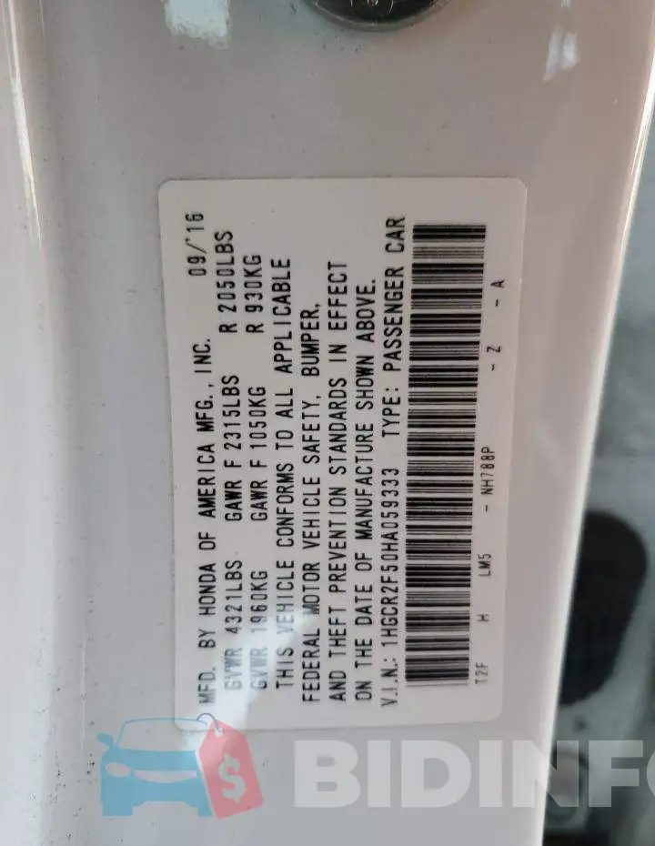 1HGCR2F50HA059333 Photo# 12