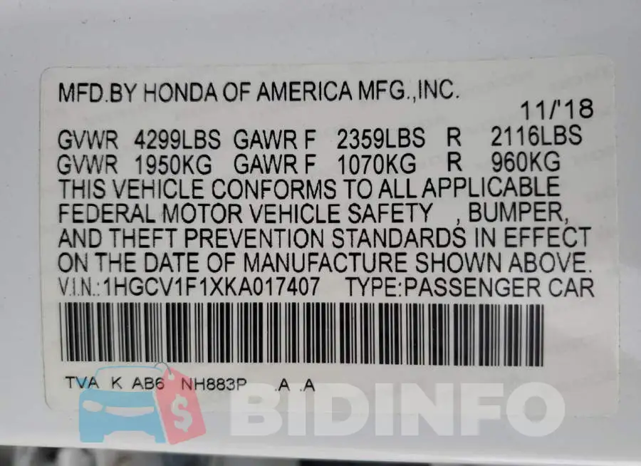 1HGCV1F1XKA017407 Photo# 13