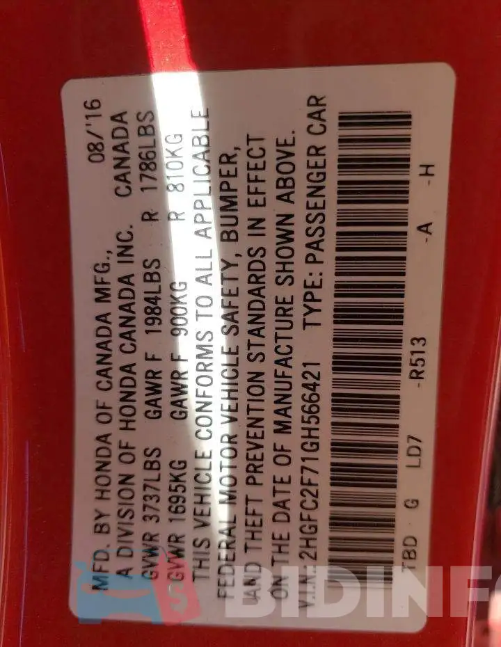 2HGFC2F71GH566421 Photo# 12