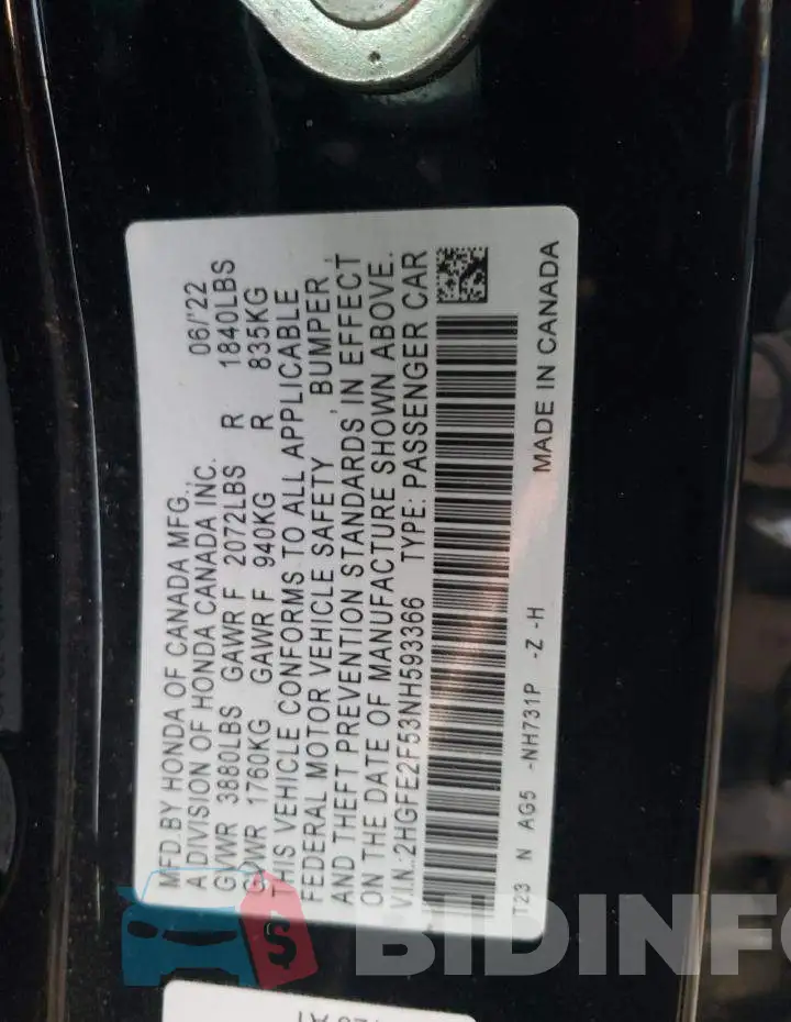 2HGFE2F53NH593366 Photo# 12