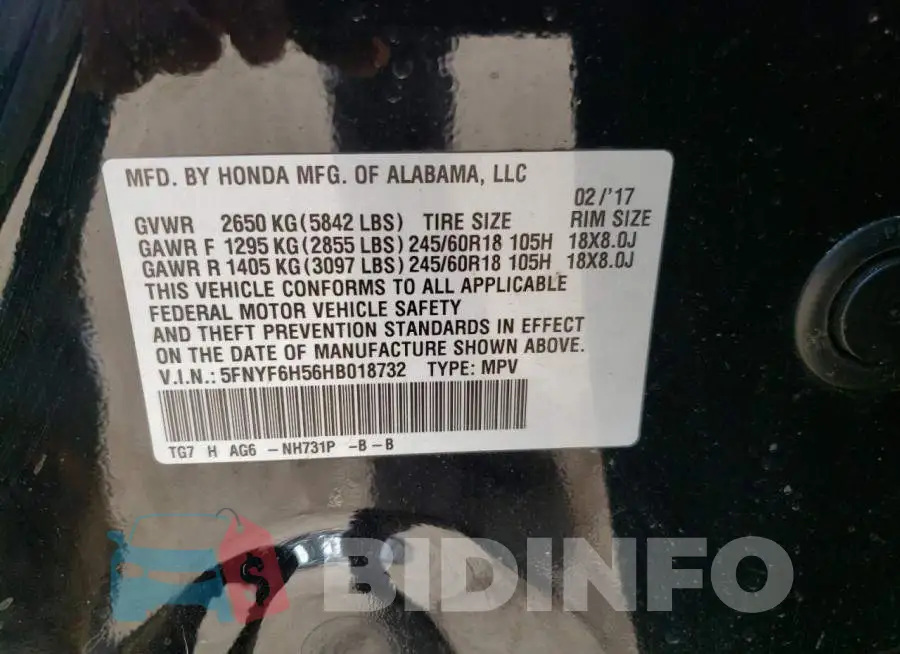 5FNYF6H56HB018732 Photo# 13