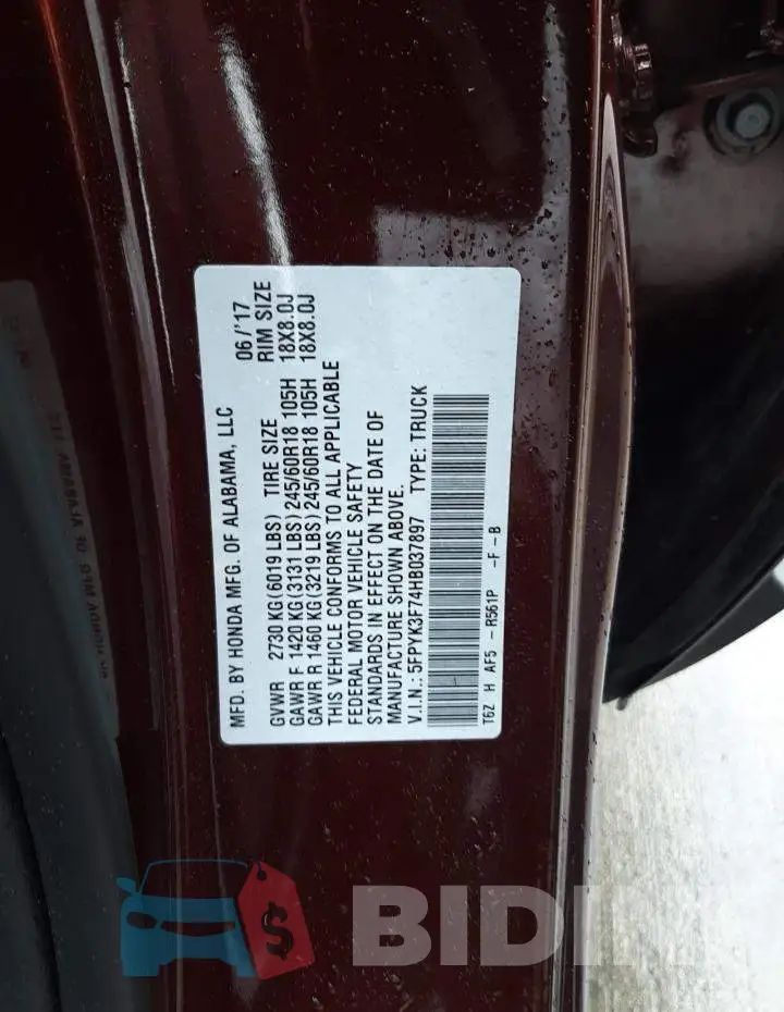 5FPYK3F74HB037897 Photo# 14