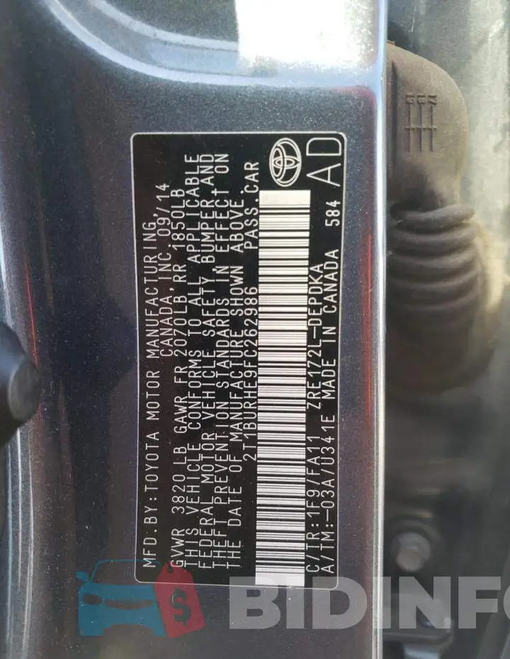 2T1BURHE9FC262986 Photo# 12